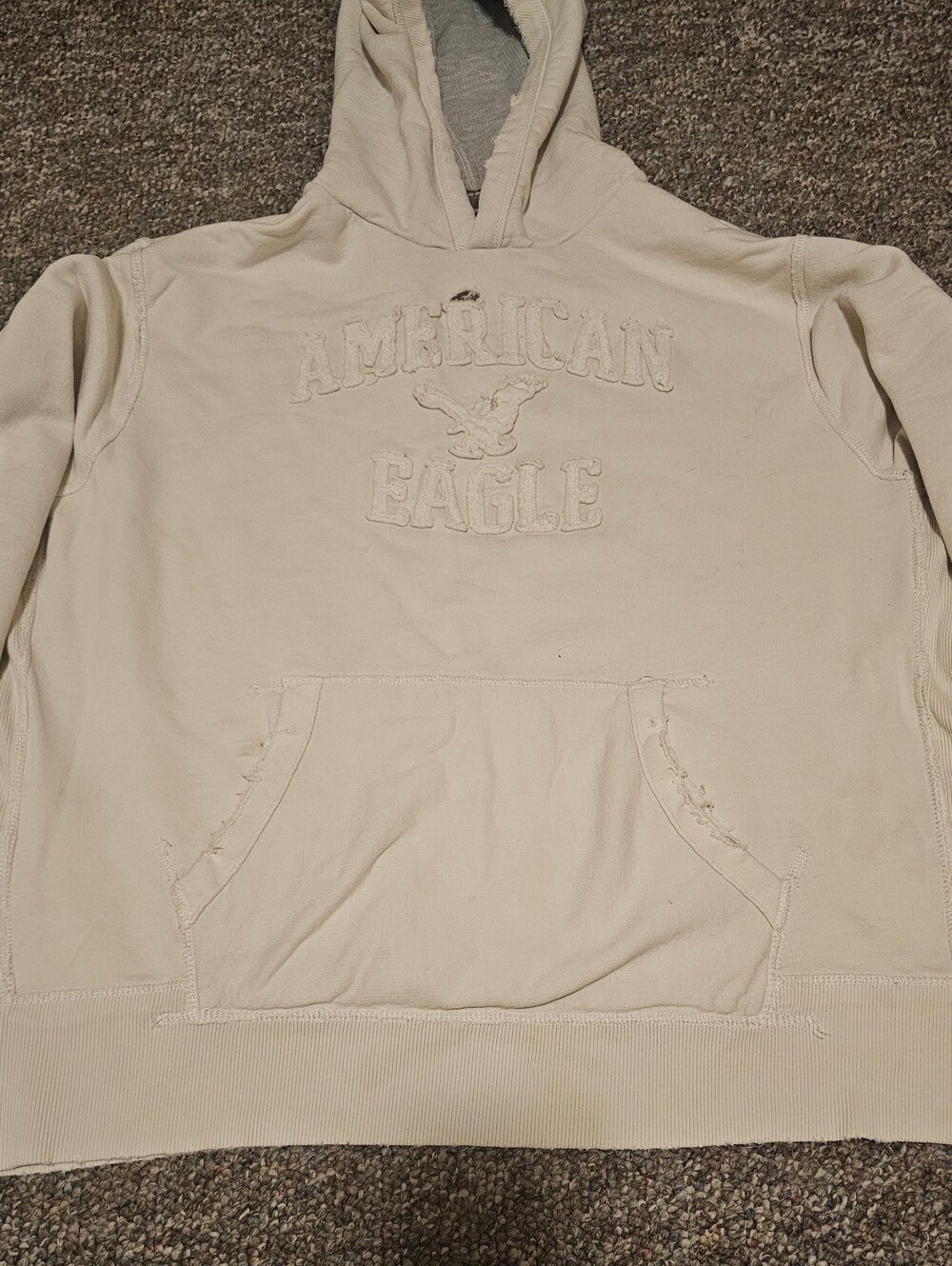 Vintage Y2K American Eagle Men’s XXL Hoodie Sweatshirt Cream Embroidered Eagle